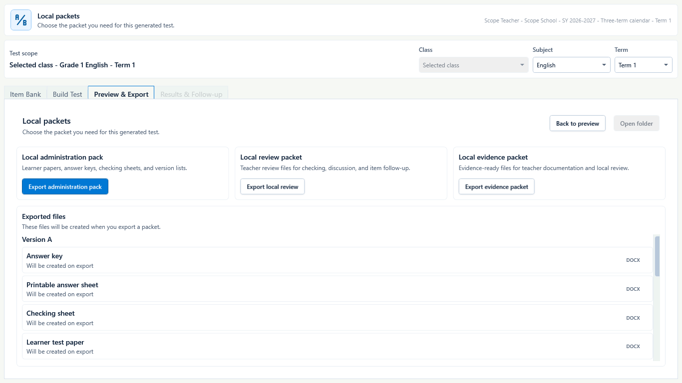 Test Builder local packet screen showing the exported teacher files associated with a generated test.