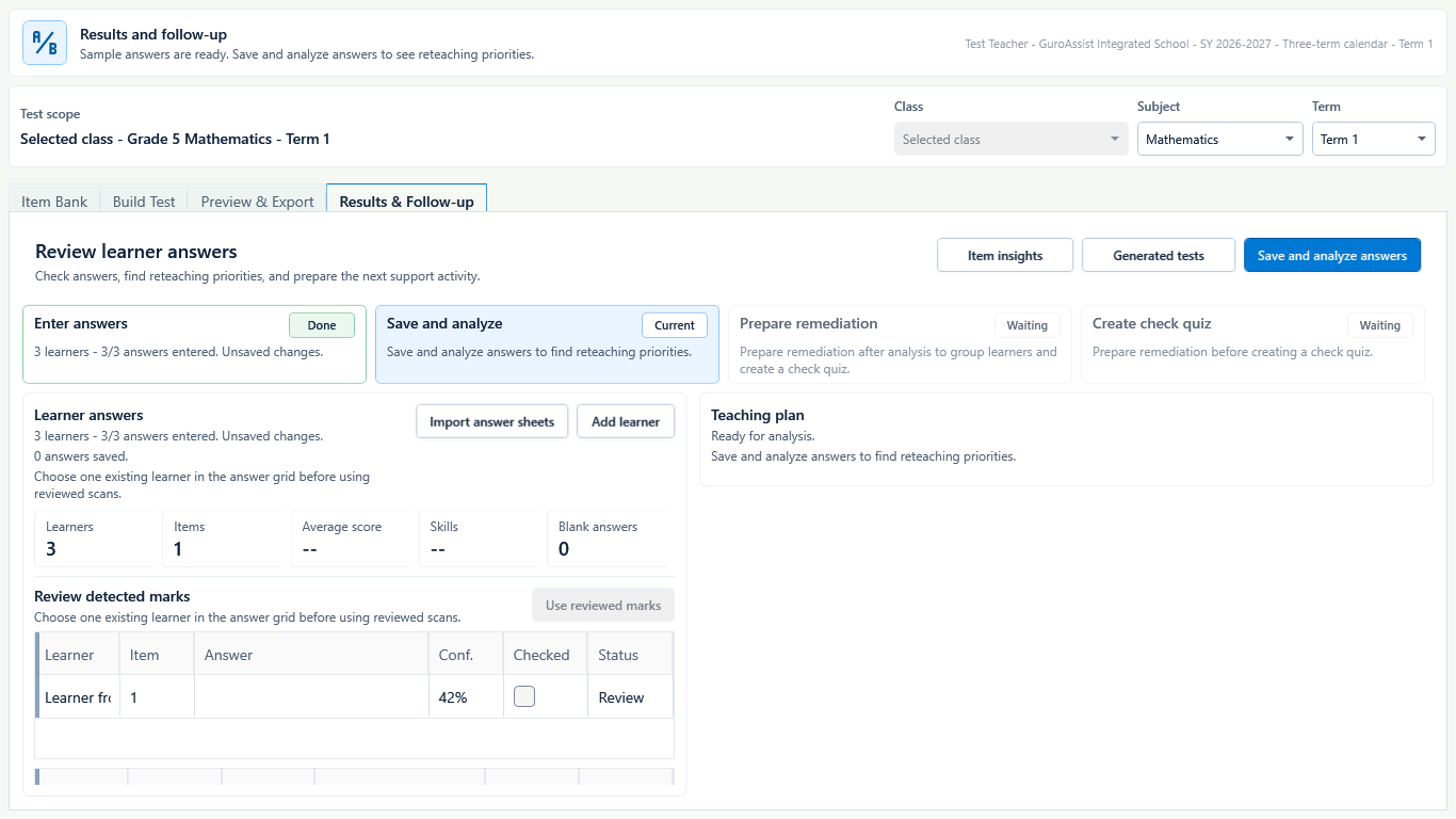 Results and Follow-up scan-review table showing a detected answer at 42 percent confidence with Review status.