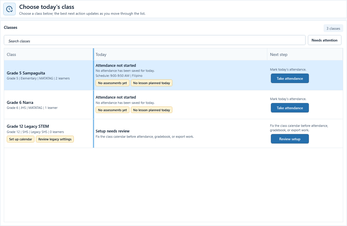 Compact Today layout with the selected class next action and related Go to buttons.
