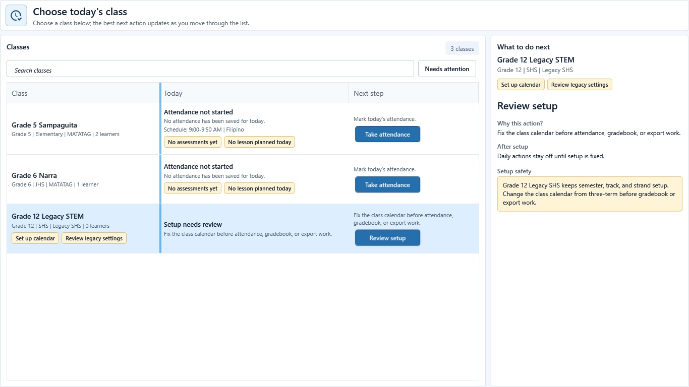 Today command center showing a setup-blocked class state.