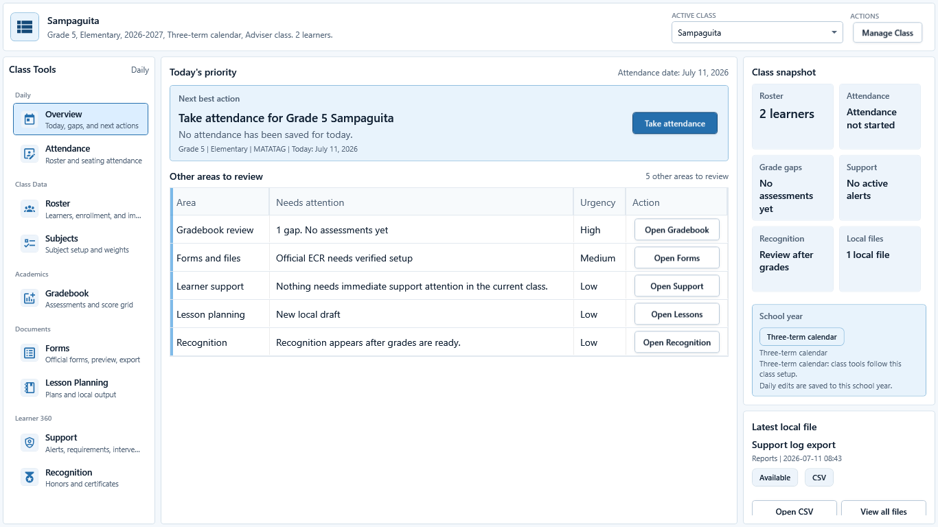 Class Overview used to cross-check attendance, grade, support, recognition, and local-file signals after linked work.