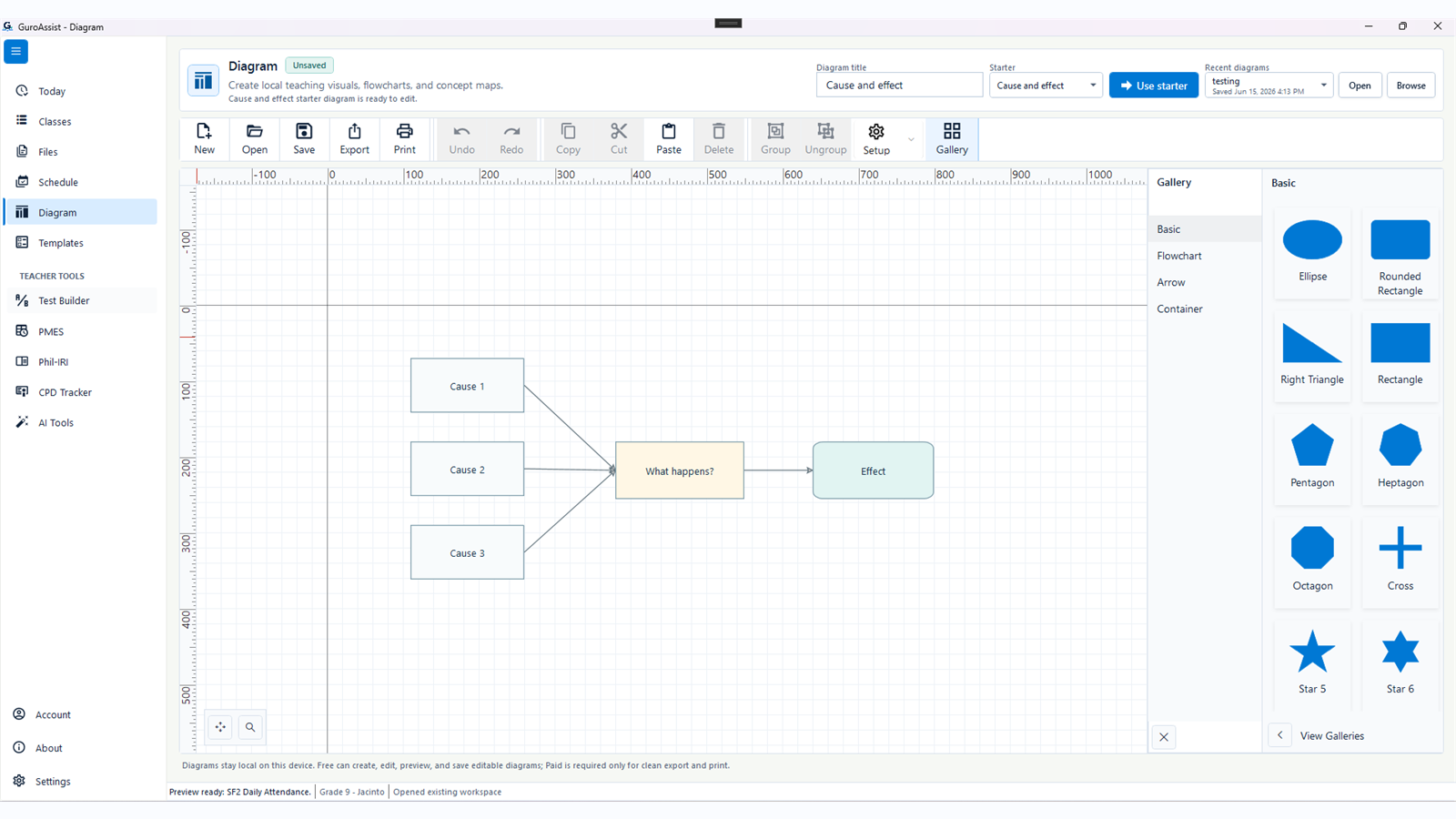 GuroAssist Diagrams screen showing a cause-and-effect starter diagram, editable canvas, toolbar, and shape gallery.