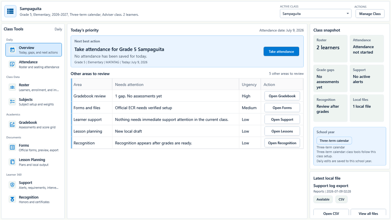GuroAssist class overview showing priorities, attendance, support signals, and local files.