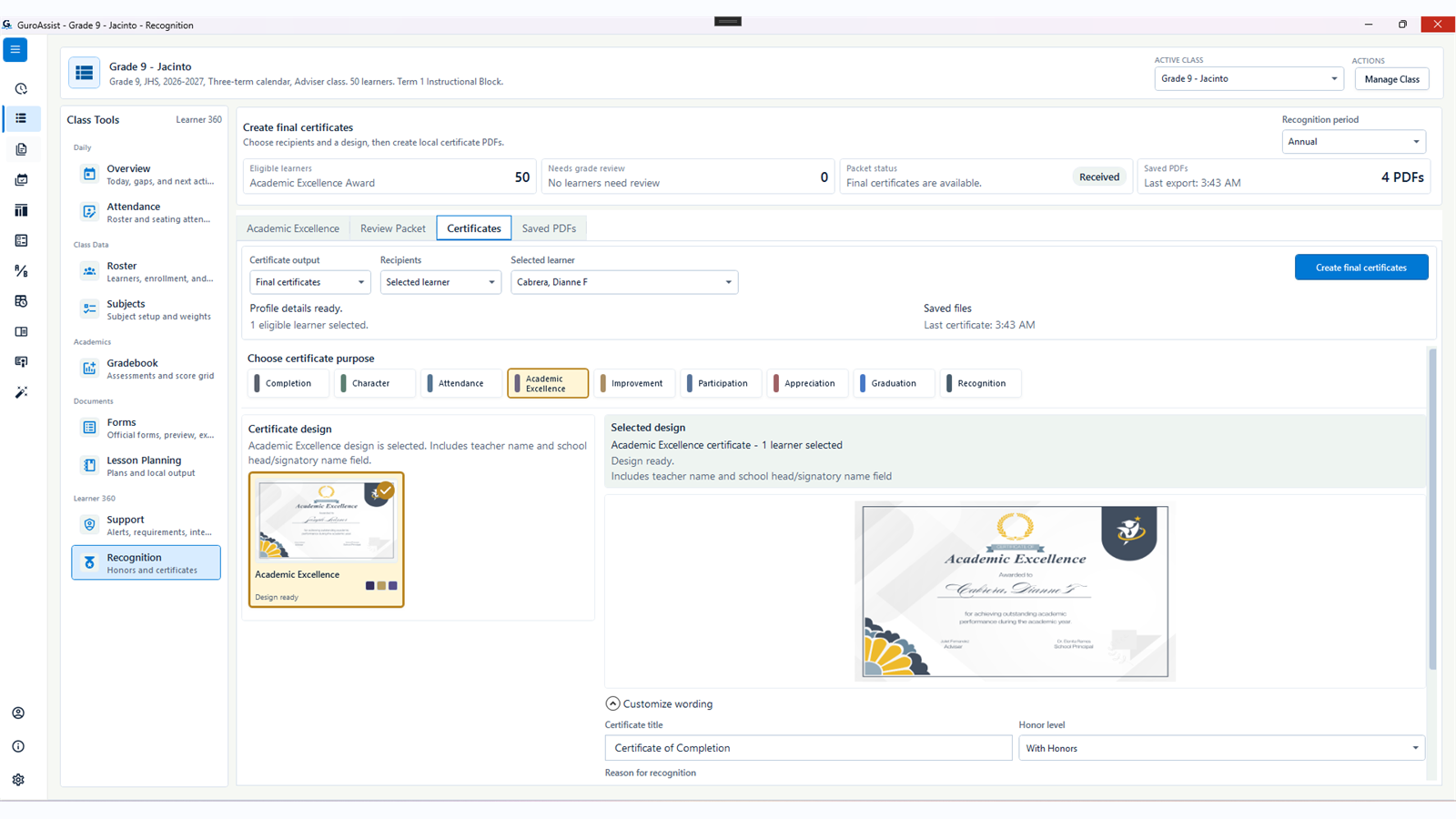 GuroAssist Recognition screen showing eligible learners, certificate purpose, design preview, saved PDFs, and final certificate actions.