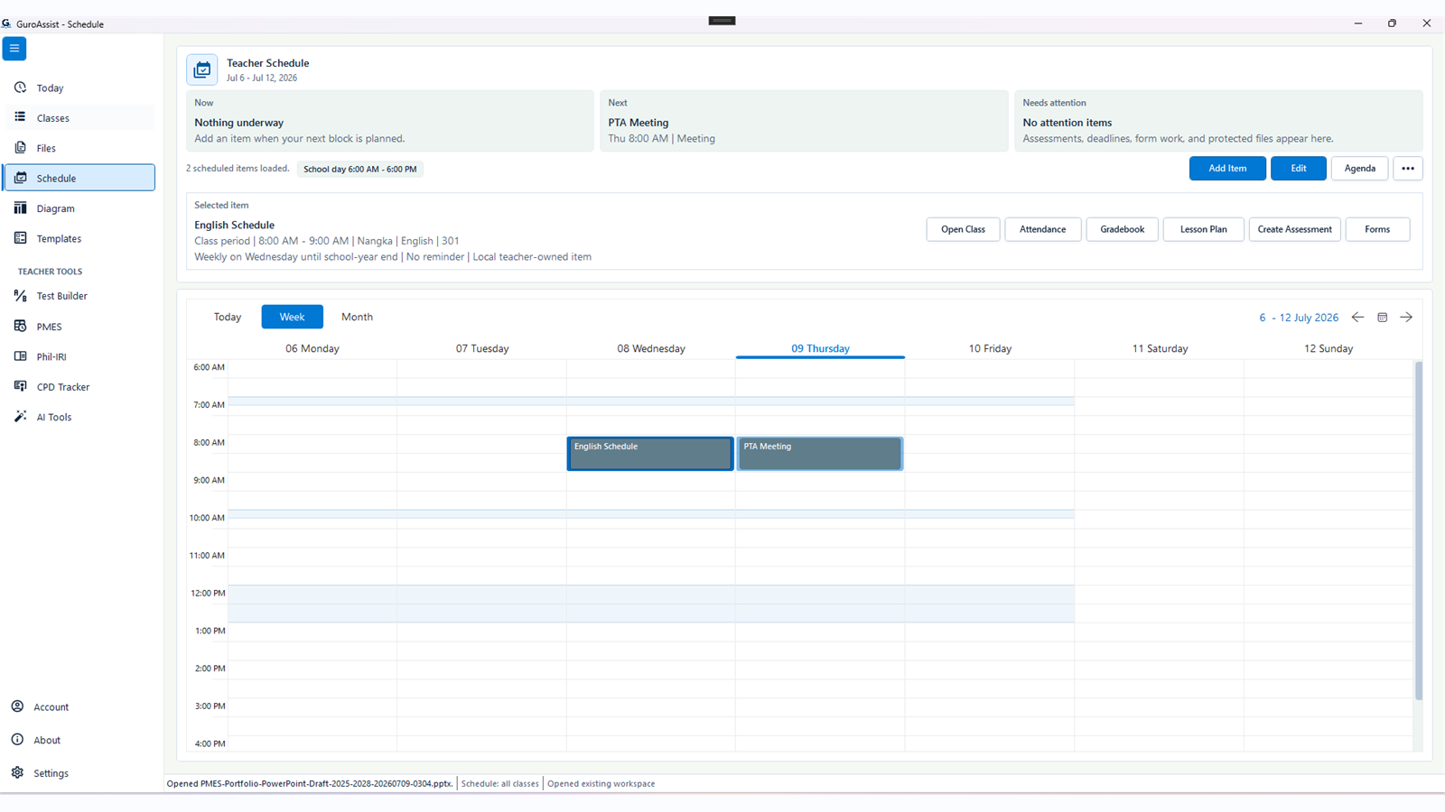 GuroAssist weekly teacher schedule showing class periods, a meeting, and quick actions for attendance, gradebook, lesson plans, assessments, and forms.